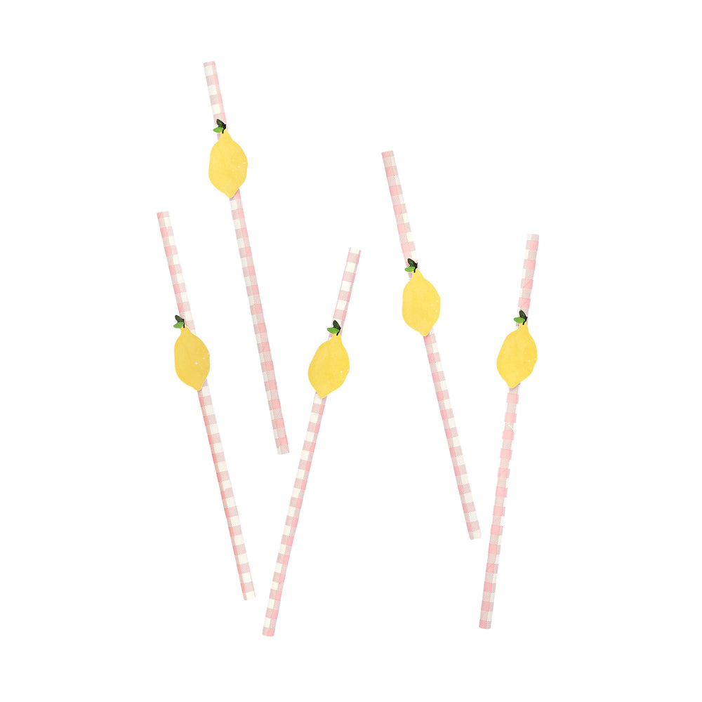 Drinking Straws & Stirrers Lemon & Gingham Paper Straws - 20 Pack