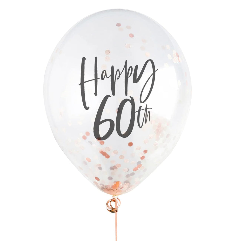 Rose Gold 'Happy 60th' Confetti Balloons x 5 - Hootyballoo Balloons Rose Gold 'Happy 60th' Confetti Balloons x 5