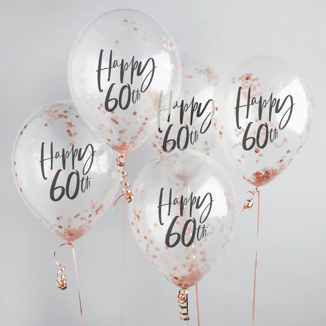 Rose Gold 'Happy 60th' Confetti Balloons x 5 - Hootyballoo Balloons Rose Gold 'Happy 60th' Confetti Balloons x 5