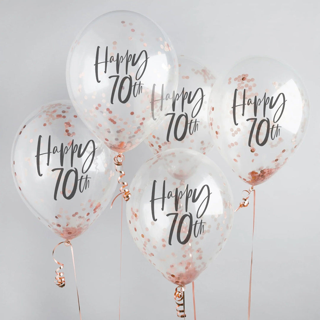 Rose Gold 'Happy 70th' Confetti Balloons x 5 - Hootyballoo Balloons Rose Gold 'Happy 70th' Confetti Balloons x 5