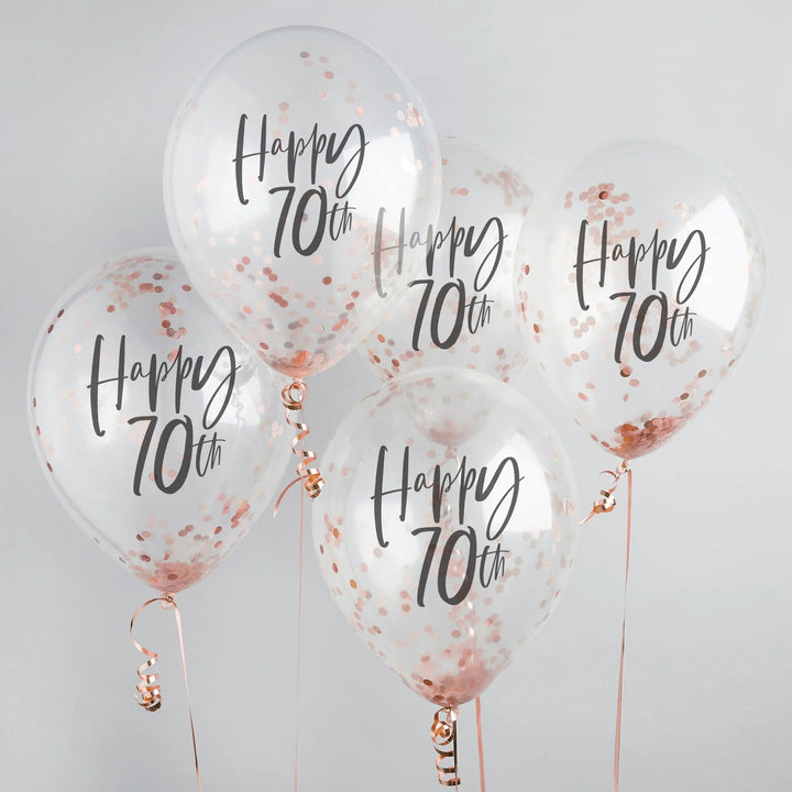 Rose Gold 'Happy 70th' Confetti Balloons x 5 - Hootyballoo Balloons Rose Gold 'Happy 70th' Confetti Balloons x 5