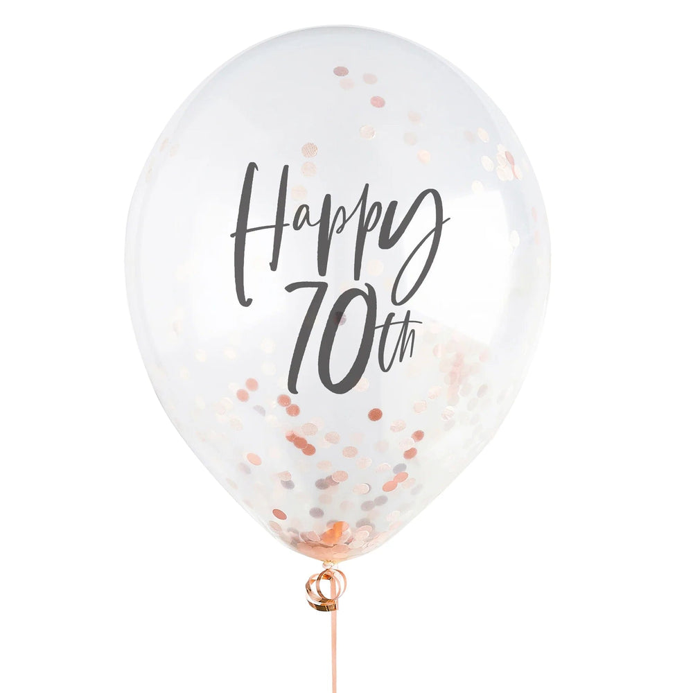 Rose Gold 'Happy 70th' Confetti Balloons x 5 - Hootyballoo Balloons Rose Gold 'Happy 70th' Confetti Balloons x 5