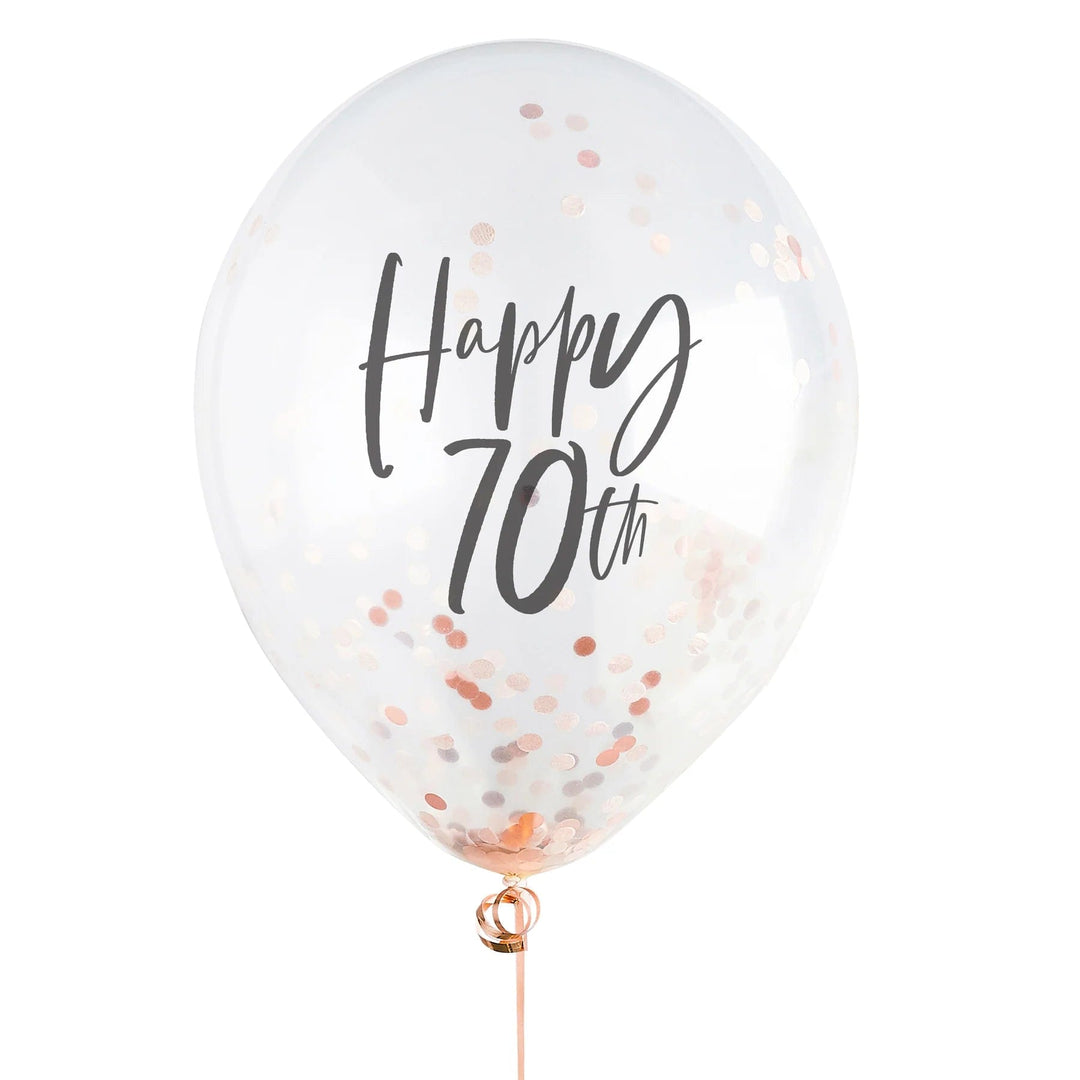 Rose Gold 'Happy 70th' Confetti Balloons x 5 - Hootyballoo Balloons Rose Gold 'Happy 70th' Confetti Balloons x 5