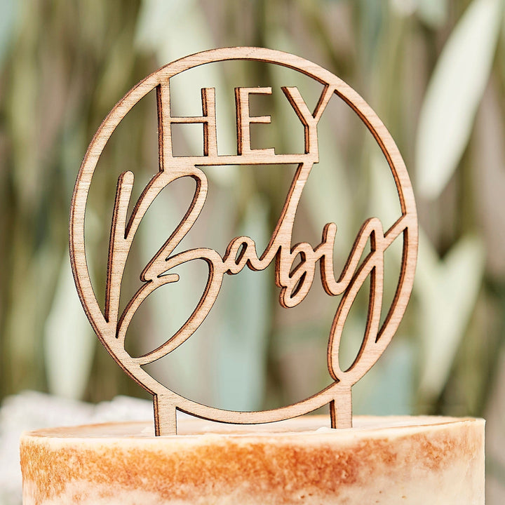 Cake Topper Wooden Hey Baby - Baby Shower Cake Topper